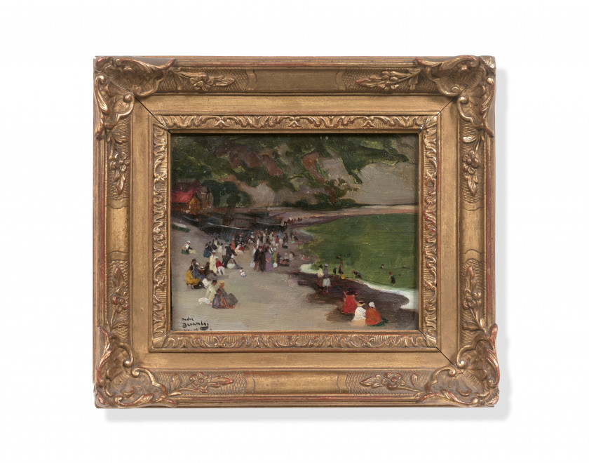 André DEVAMBEZ Paris, 1867 - 1944 Vue animée de la plage d'Yport Huile sur carton