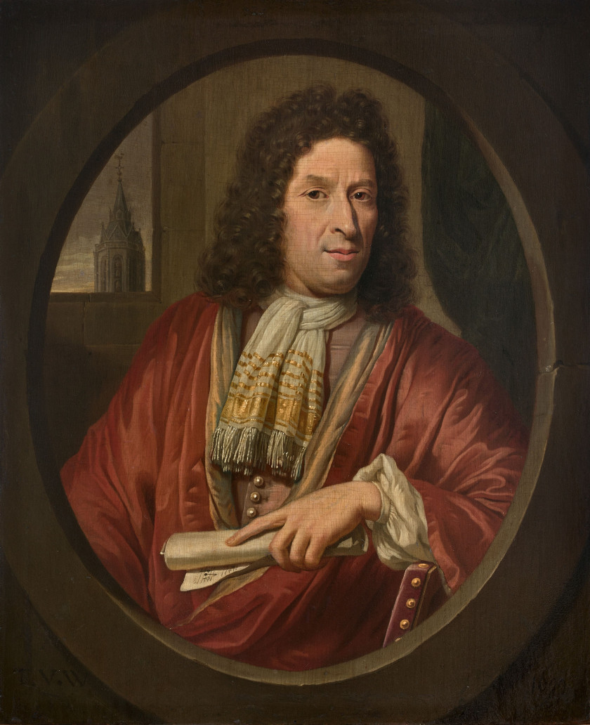 Thomas van der WILT Piershil, 1659 - Delft, 1733 Portrait d'homme tenant une partition dans un ovale feint Huile sur panneau de chên..