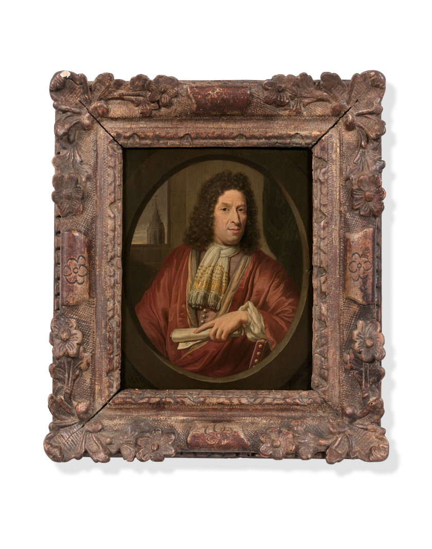 Thomas van der WILT Piershil, 1659 - Delft, 1733 Portrait d'homme tenant une partition dans un ovale feint Huile sur panneau de chên..