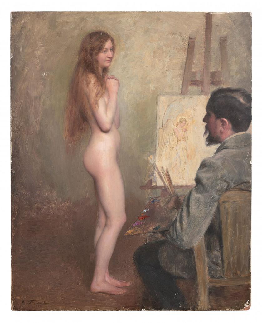 Emile FRIANT Dieuze, 1863 – Paris, 1932 " Peinture mystique " Huile sur panneau