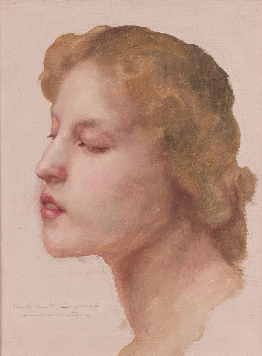 William BOUGUEREAU La Rochelle, 1825 - 1905 Visage de jeune femme de trois-quarts, étude probable pour La Vierge aux anges Huile sur...