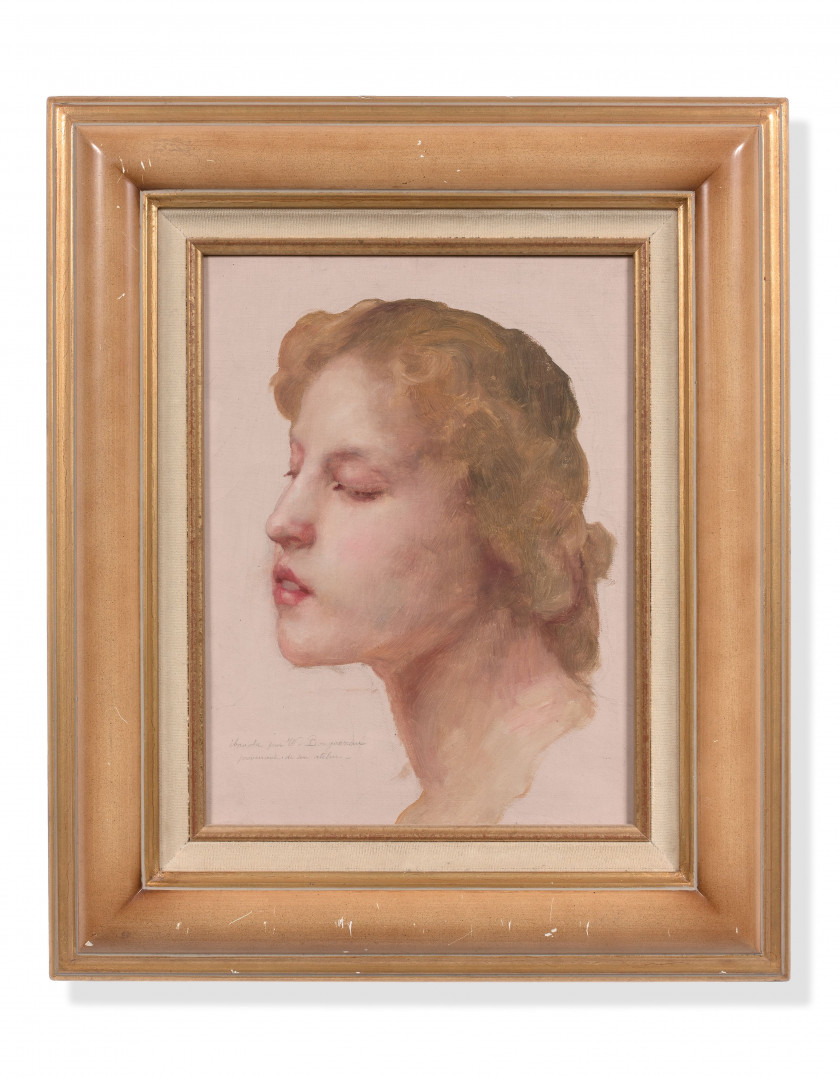 William BOUGUEREAU La Rochelle, 1825 - 1905 Visage de jeune femme de trois-quarts, étude probable pour La Vierge aux anges Huile sur...