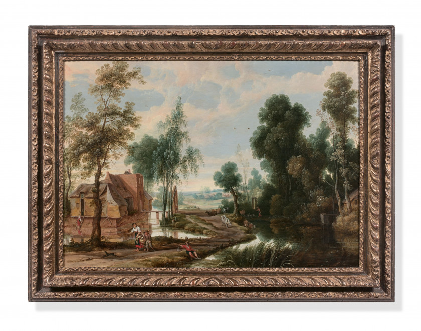 Jan WILDENS Anvers, vers 1585 - 1653 Paysage fluvial animé de personnages Huile sur panneau, une planche, préparé au verso