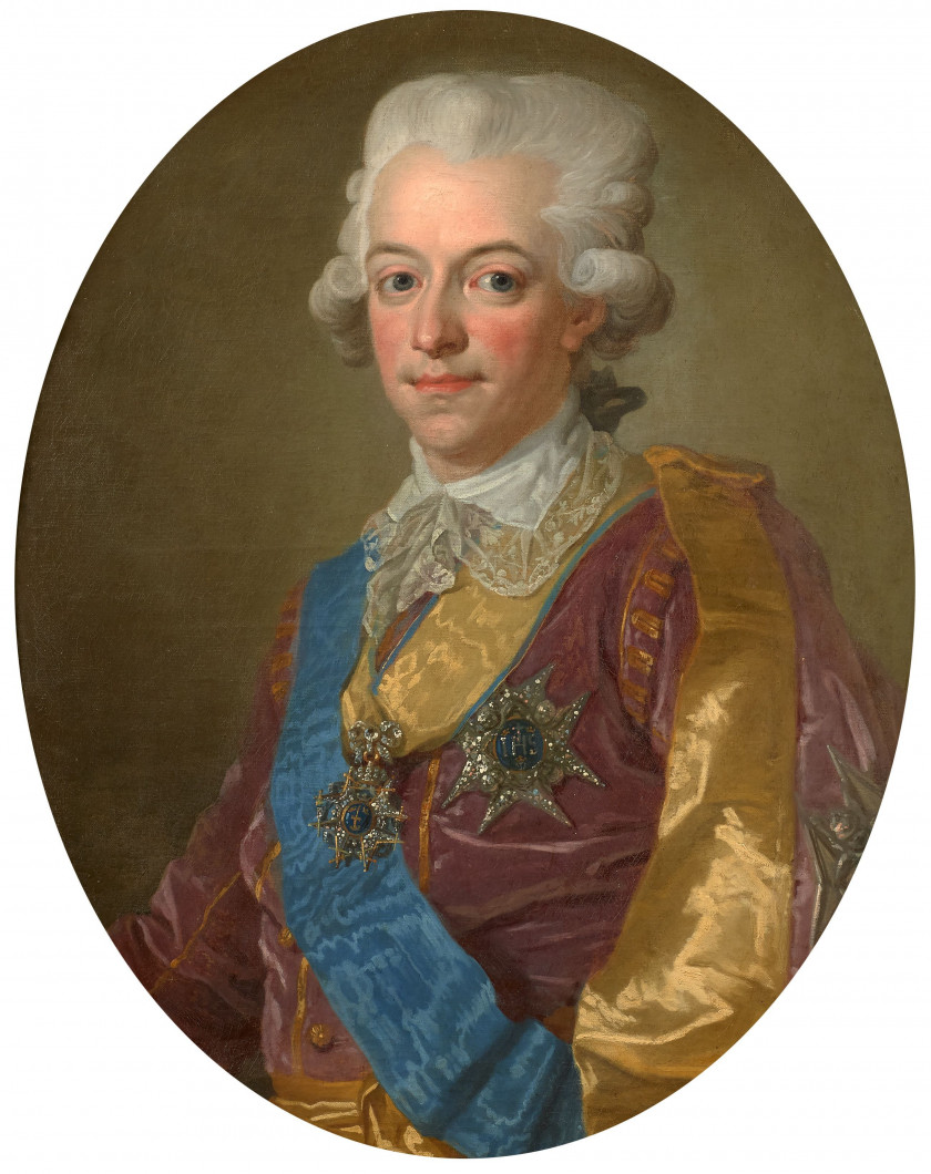 Lorens PASCH le Jeune Stockholm, 1733 - 1805 Portrait de Gustave III, roi de Suède Huile sur toile (Toile d'origine), de forme ovale