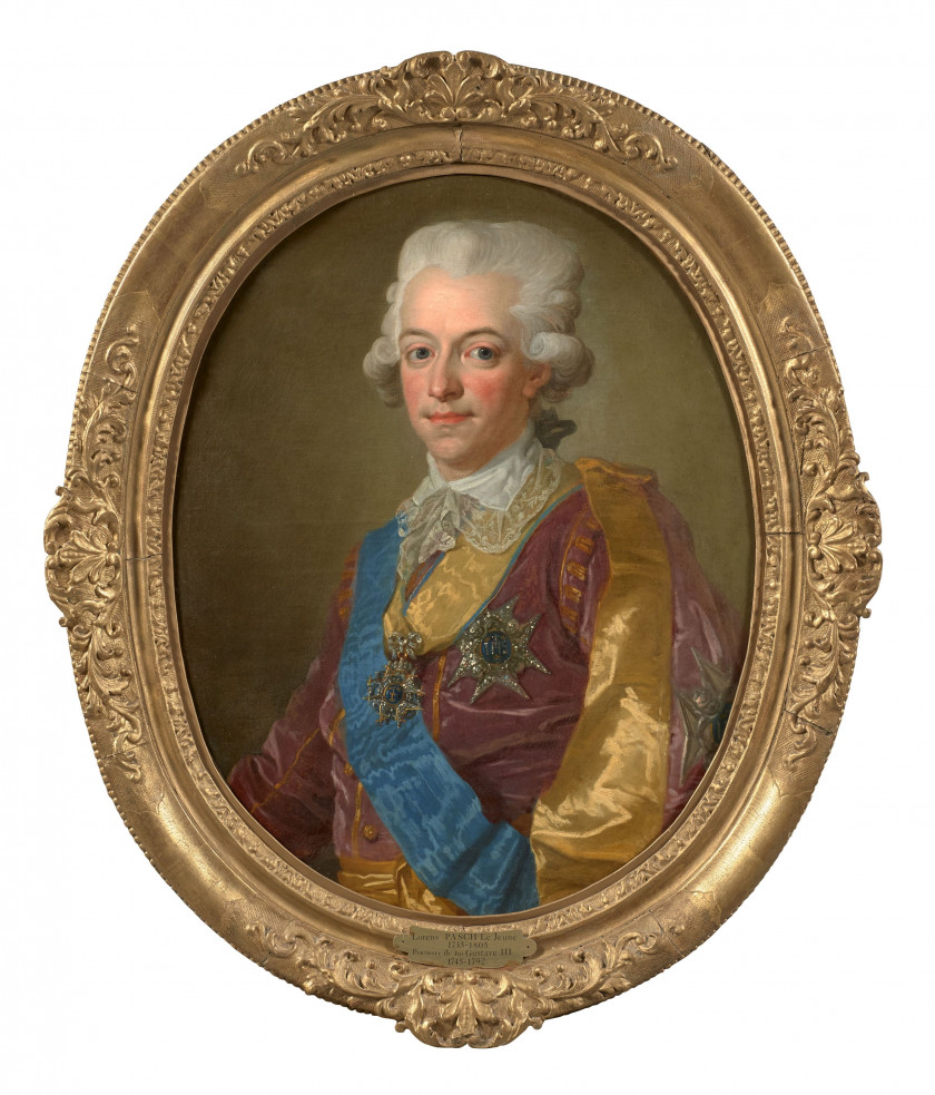 Lorens PASCH le Jeune Stockholm, 1733 - 1805 Portrait de Gustave III, roi de Suède Huile sur toile (Toile d'origine), de forme ovale