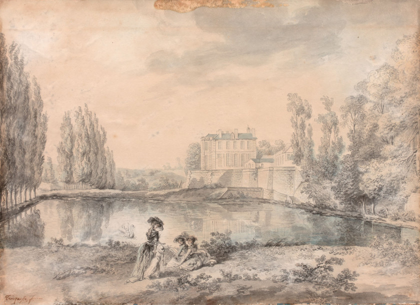 Louis-Roland TRINQUESSE Paris, 1746 - 1799 Elégantes dans le parc du château de Villette Plume et encre grise, lavis gris et rehauts...