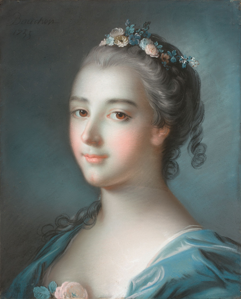 Ecole française du XVIIIe siècle Entourage de François Boucher Jeune femme en buste, une rose piquée dans son corsage et des fleurs...