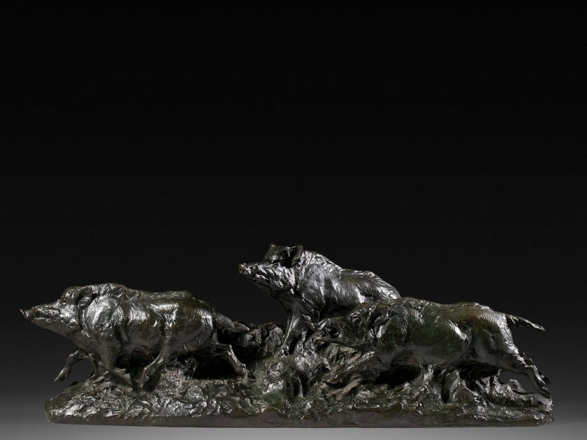 Maximilien FIOT Grand Pressigny, 1886 - Corbeil Essonne, 1953 Compagnie de sangliers Bronze à patine brun-vert