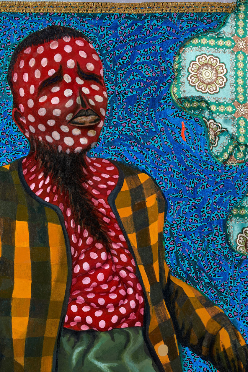 Simphiwe NDZUBE (Sud Africain - Né en 1990) In the Song of the Universe, 2018 Acrylique, collages de papiers et textiles sur toile d...