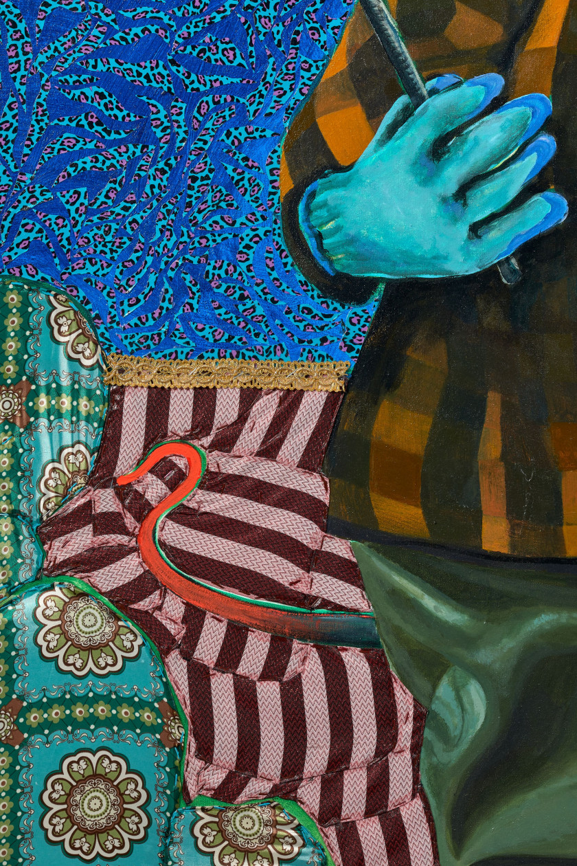 Simphiwe NDZUBE (Sud Africain - Né en 1990) In the Song of the Universe, 2018 Acrylique, collages de papiers et textiles sur toile d...