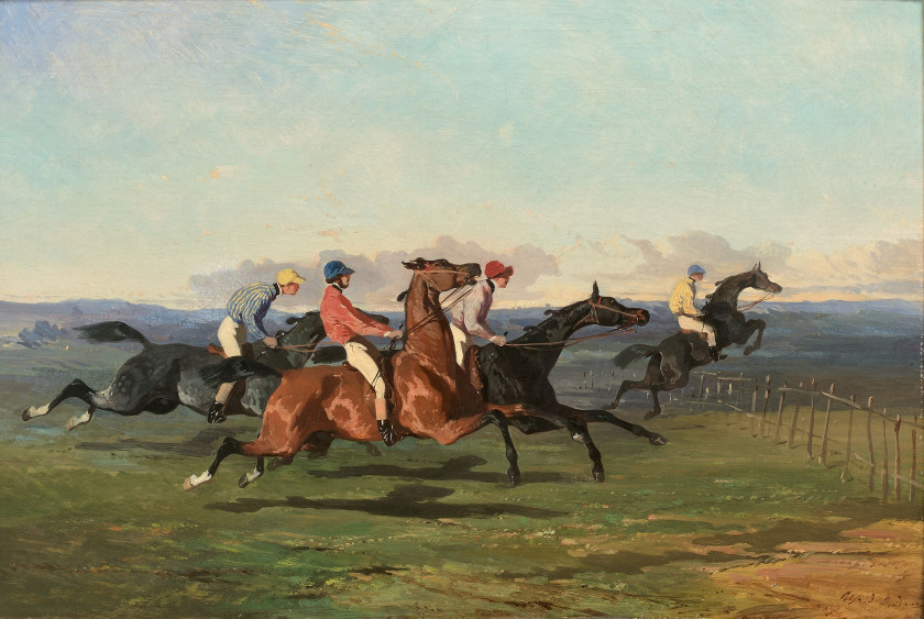 ¤ Alfred De DREUX Paris, 1810 - 1860 Course d'obstacles à quatre jockeys Huile sur toile (Toile d'origine)