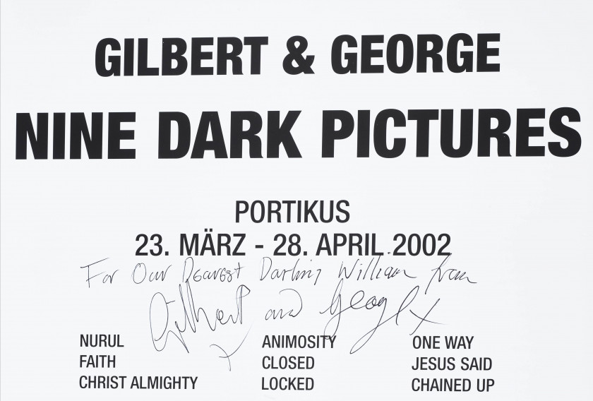 GILBERT & GEORGE Nés en 1943 et 1942 Réunion de cinq livres avec envois autographes signés de Gilbert & George à William Burke