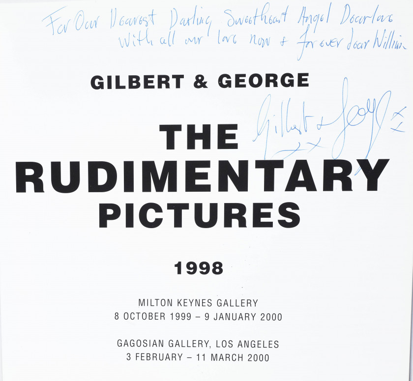 GILBERT & GEORGE Nés en 1943 et 1942 Réunion de cinq livres avec envois autographes signés de Gilbert & George à William Burke