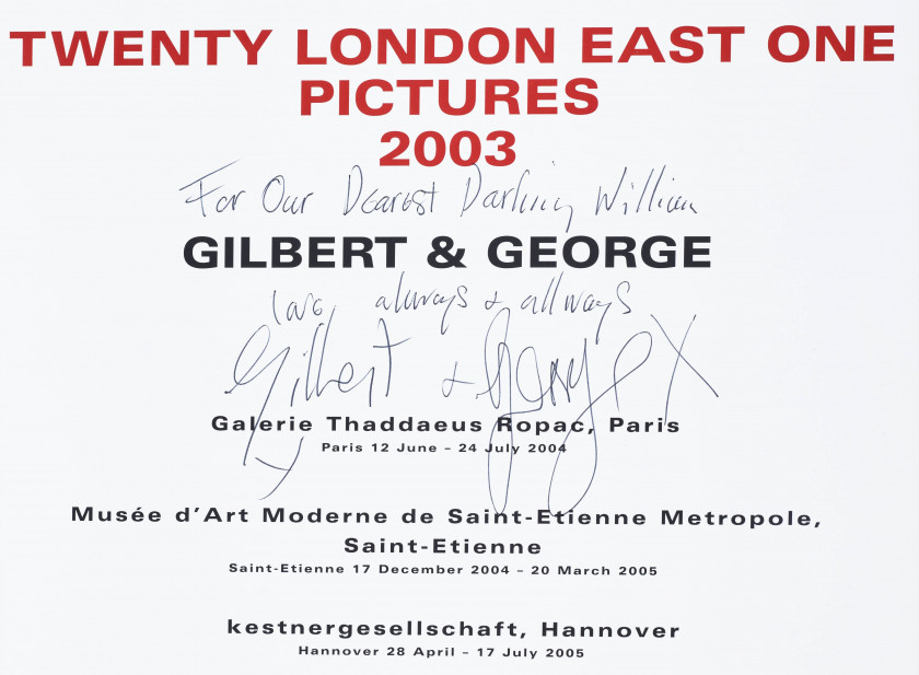 GILBERT & GEORGE Nés en 1943 et 1942 Réunion de cinq livres avec envois autographes signés de Gilbert & George à William Burke