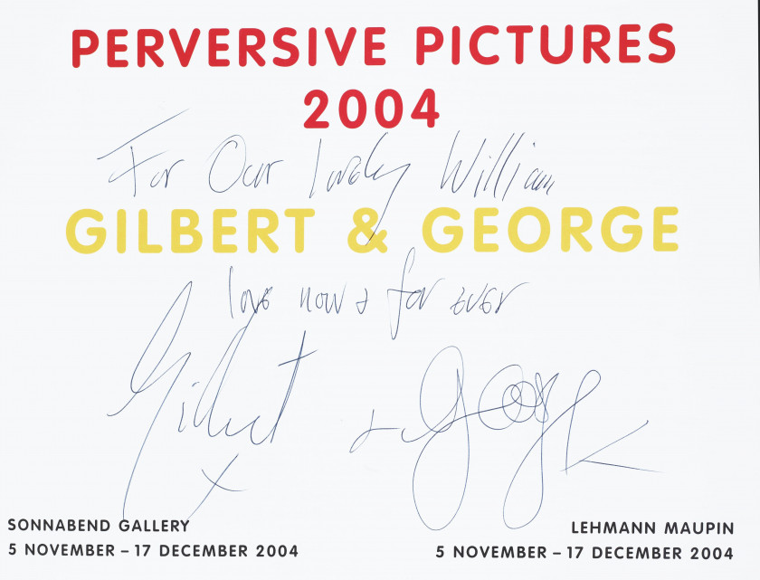 GILBERT & GEORGE Nés en 1943 et 1942 Réunion de cinq livres avec envois autographes signés de Gilbert & George à William Burke