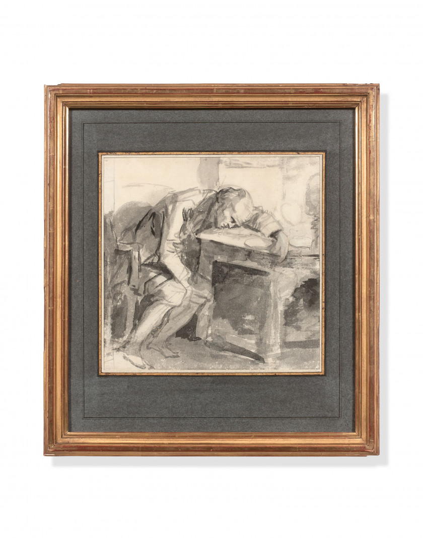 Jean-Baptiste GREUZE Tournus, 1725 - Paris, 1805 Etude d'homme effondré sur une table Lavis gris