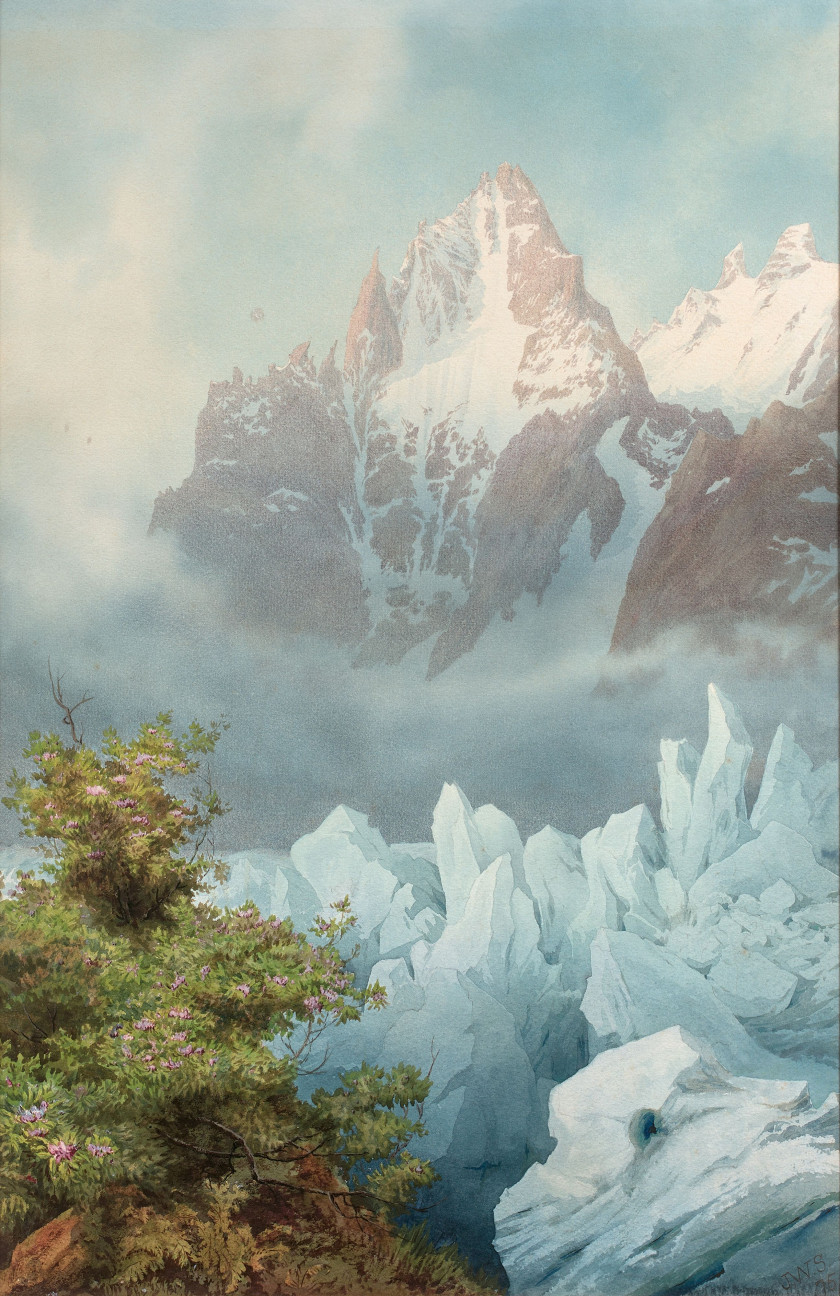 James WHITTET-SMITH Ecole anglaise, actif vers 1859-1886 Les Grands Charmoz au-dessus de la Mer de Glace, Chamonix Aquarelle sur tra...