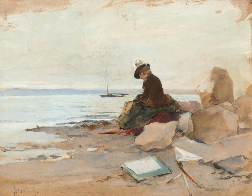 Alfred STEVENS Bruxelles, 1823 - Paris, 1906 Femme peintre en bord de mer Aquarelle gouachée