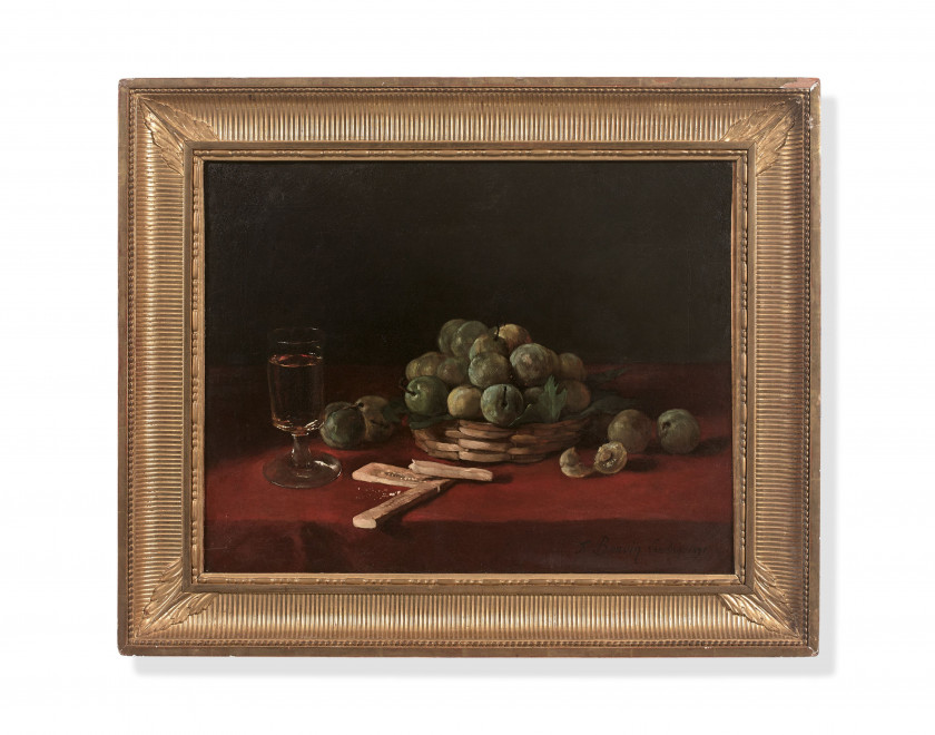 ¤ François BONVIN Vaugirard, 1817 - Saint-Germain-en-Laye, 1887 Composition au panier de reines-claudes, aux biscuits et au verre de v.