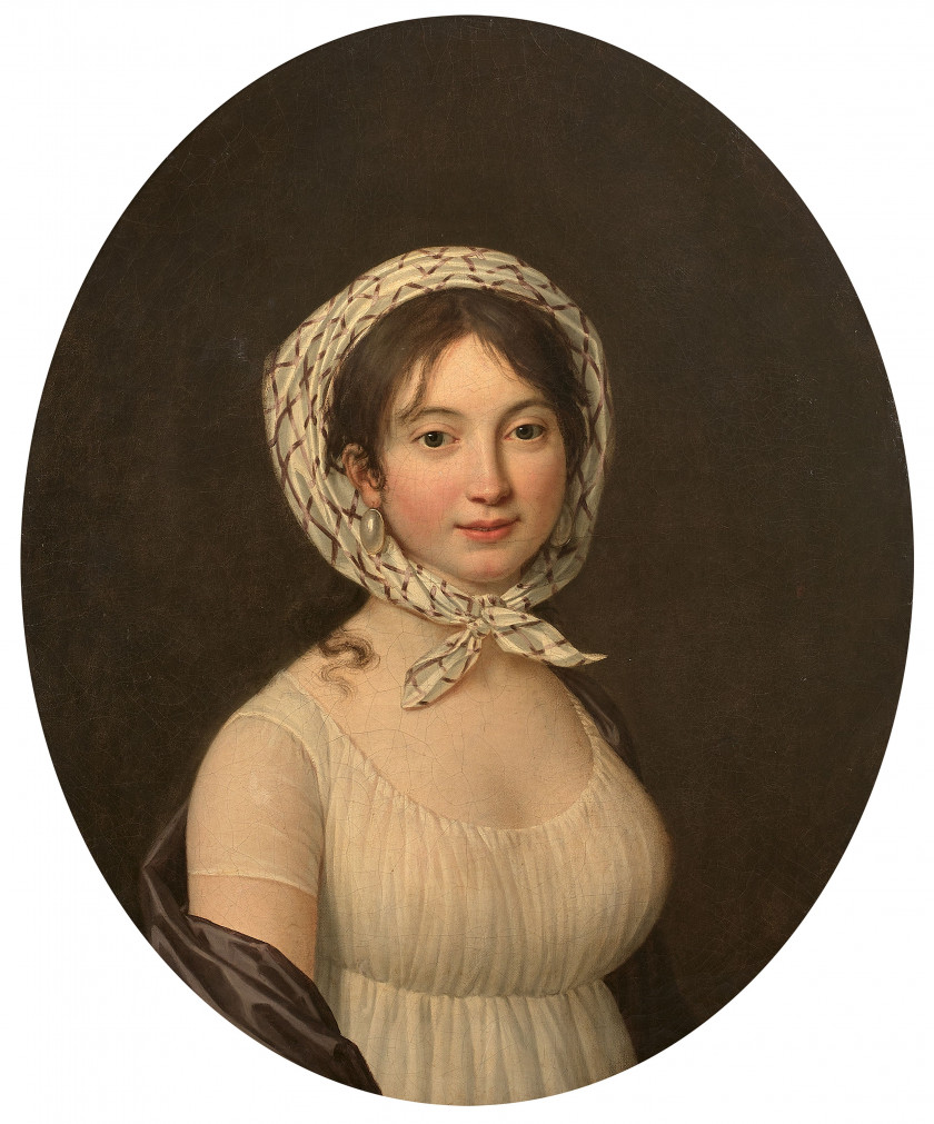 Attribué à Marie-Victoire LEMOINE Paris, 1754 - 1820 Portrait de femme au fichu à carreaux Huile sur toile, de forme ovale