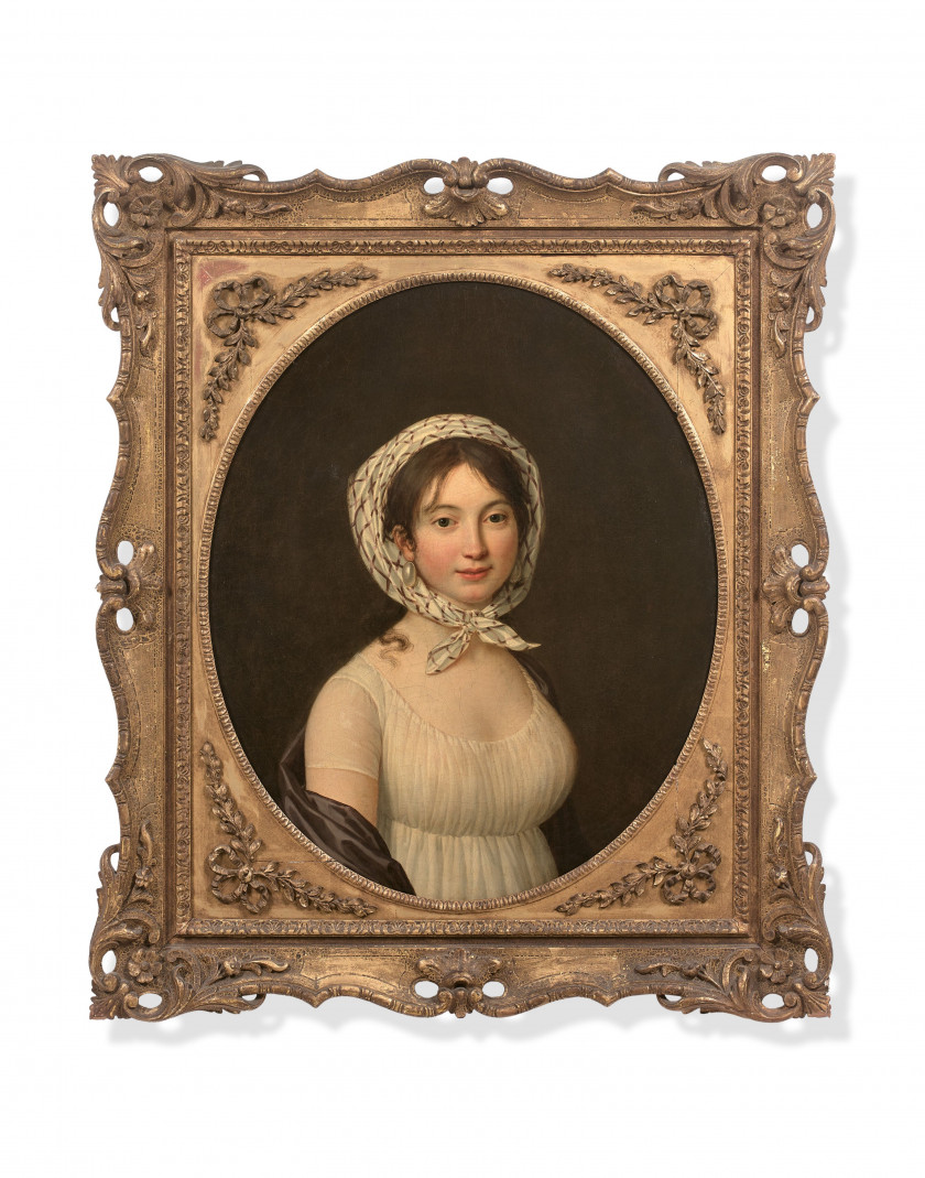 Attribué à Marie-Victoire LEMOINE Paris, 1754 - 1820 Portrait de femme au fichu à carreaux Huile sur toile, de forme ovale