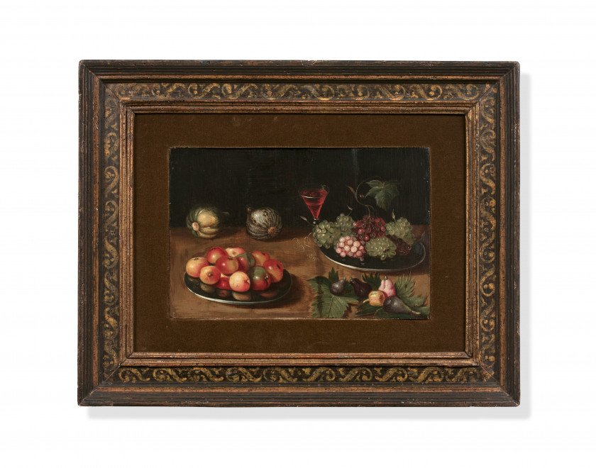 Ecole flamande du XVIIe siècle  Vase de fleurs et bol de cerises sur un entablement et Plats de fruits et verre de vin sur un entabl...