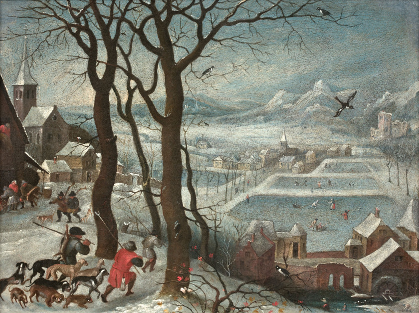 Ecole flamande du XVIIIe siècle D'après Pieter Brueghel l'Ancien Chasseurs dans la neige Huile sur cuivre