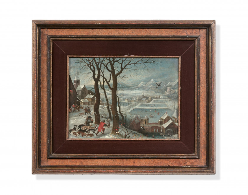 Ecole flamande du XVIIIe siècle D'après Pieter Brueghel l'Ancien Chasseurs dans la neige Huile sur cuivre