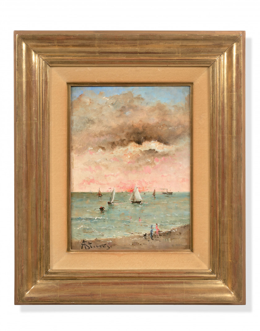 Alfred STEVENS Bruxelles, 1823 - Paris, 1906 Figures sur la plage au couchant Huile sur panneau, une planche