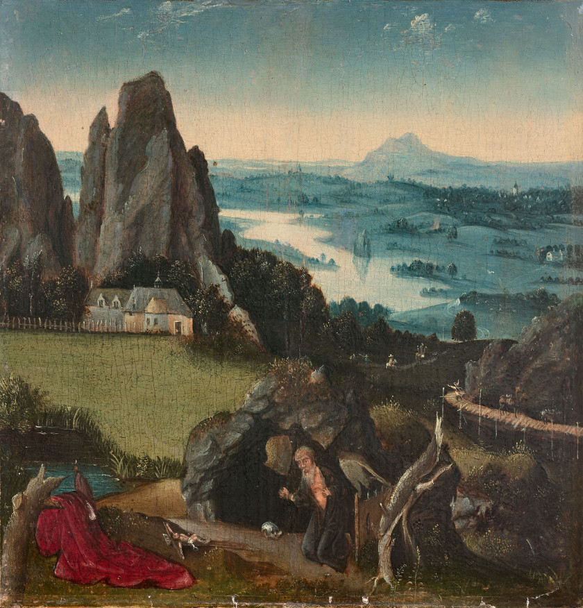 Pays-Bas, première partie du XVIe siècle Entourage de Joachim Patinier Saint Jérôme dans un paysage montagneux Huile sur panneau de...