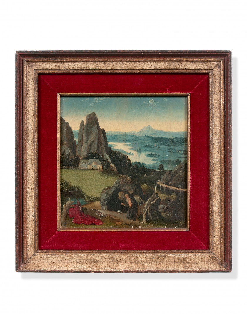 Pays-Bas, première partie du XVIe siècle Entourage de Joachim Patinier Saint Jérôme dans un paysage montagneux Huile sur panneau de...