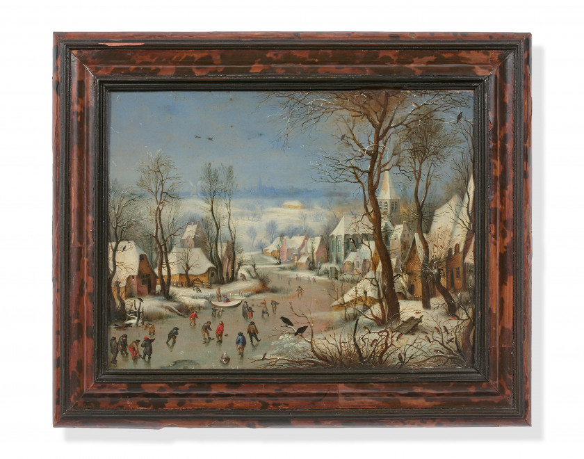 Josef van BREDAEL Anvers, 1688 - Paris, 1739 Paysage d'hiver à la trappe aux oiseaux, d'après Pieter Brueghel Huile sur cuivre