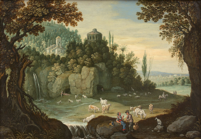 Marten RYCKAERT Anvers, 1587 - 1631 Diseuse de bonne aventure dans un paysage et Couple de bergers et leur troupeau dans un paysage...