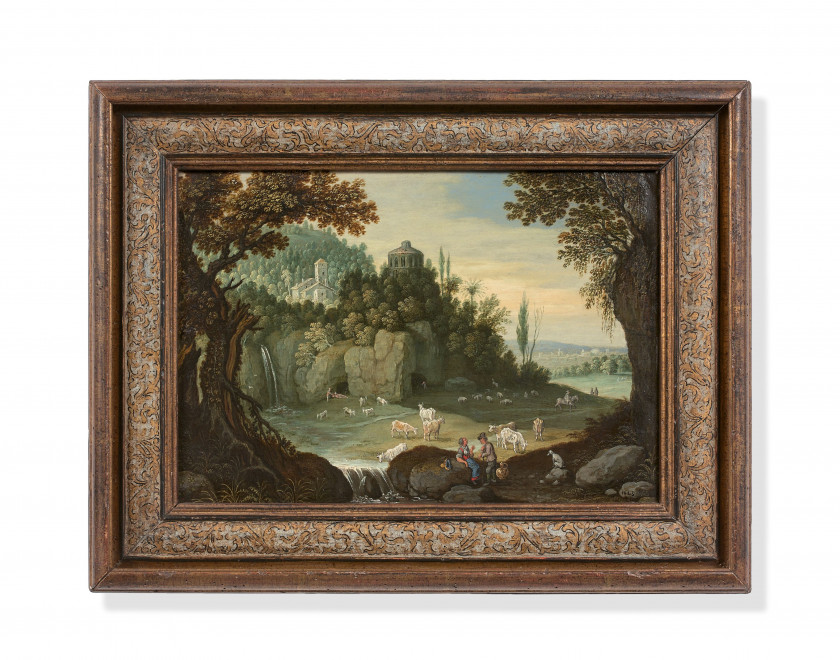 Marten RYCKAERT Anvers, 1587 - 1631 Diseuse de bonne aventure dans un paysage et Couple de bergers et leur troupeau dans un paysage...