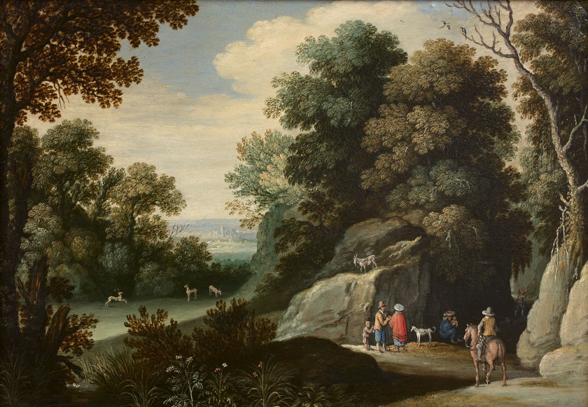 Marten RYCKAERT Anvers, 1587 - 1631 Diseuse de bonne aventure dans un paysage et Couple de bergers et leur troupeau dans un paysage...