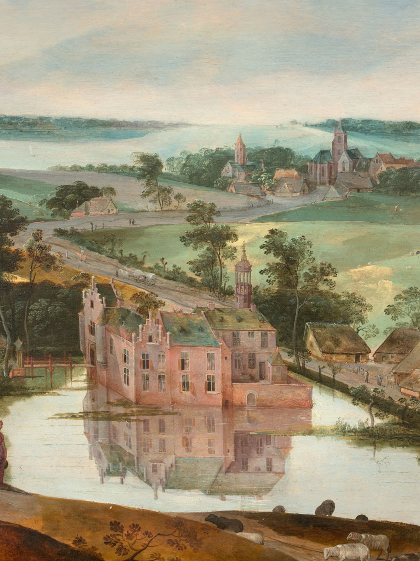 Jacob GRIMMER Anvers, vers 1525 - vers 1609 Château dans un paysage avec un berger Huile sur panneau de chêne, deux planches