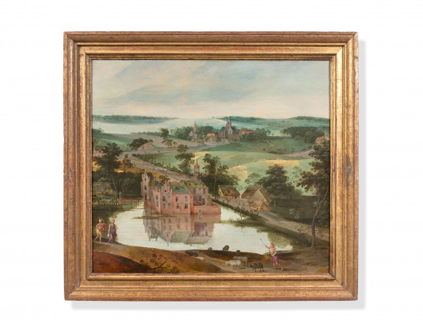 Jacob GRIMMER Anvers, vers 1525 - vers 1609 Château dans un paysage avec un berger Huile sur panneau de chêne, deux planches