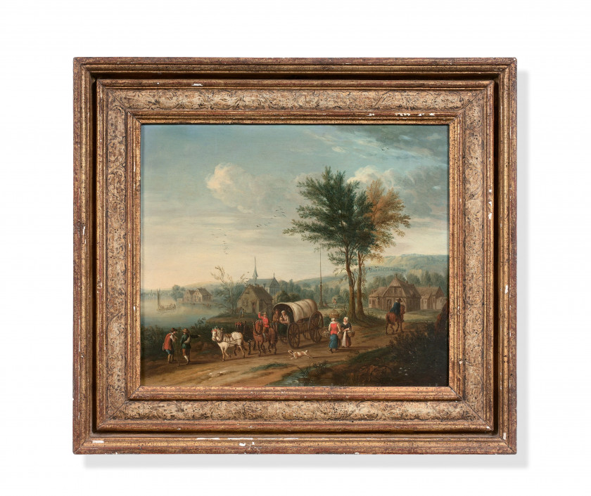 Ecole flamande du XVIIIe siècle  Carriole sur un chemin dans un paysage, un château à l'arrière-plan et Chariot sur un chemin à l'en.