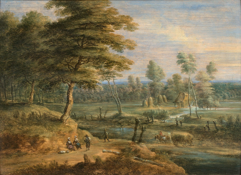 Lucas van UDEN Anvers, 1595 - 1672 Paysage d'été et Paysage d'hiver Deux huiles sur panneaux de chêne, une planche, formant pendants