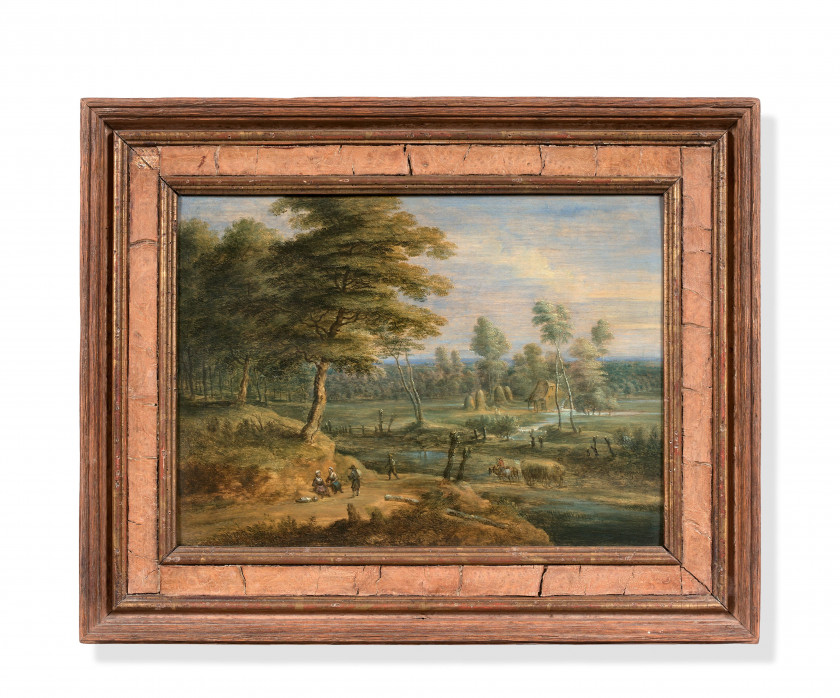 Lucas van UDEN Anvers, 1595 - 1672 Paysage d'été et Paysage d'hiver Deux huiles sur panneaux de chêne, une planche, formant pendants