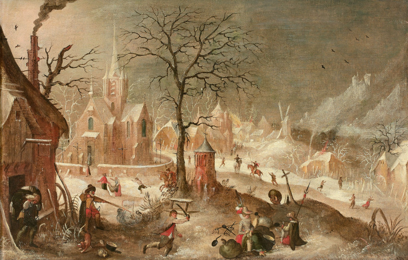 Ecole flamande du XVIIe siècle Entourage de David Vinckboons L'attaque d'un village en hiver Huile sur toile