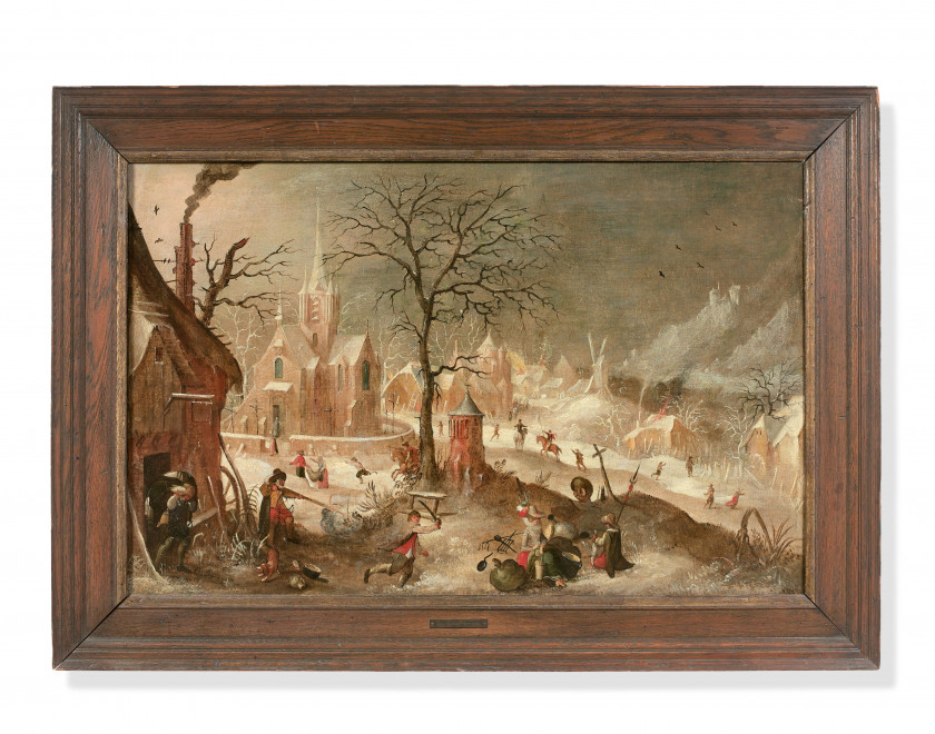 Ecole flamande du XVIIe siècle Entourage de David Vinckboons L'attaque d'un village en hiver Huile sur toile