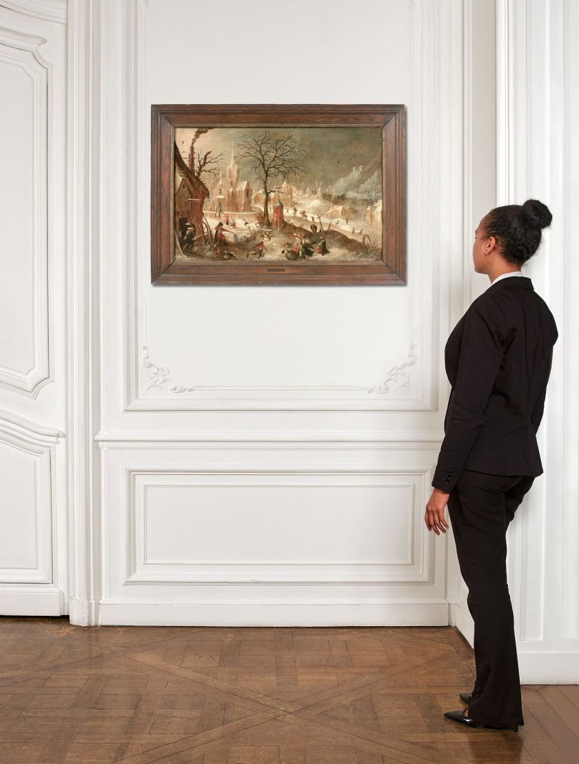 Ecole flamande du XVIIe siècle Entourage de David Vinckboons L'attaque d'un village en hiver Huile sur toile