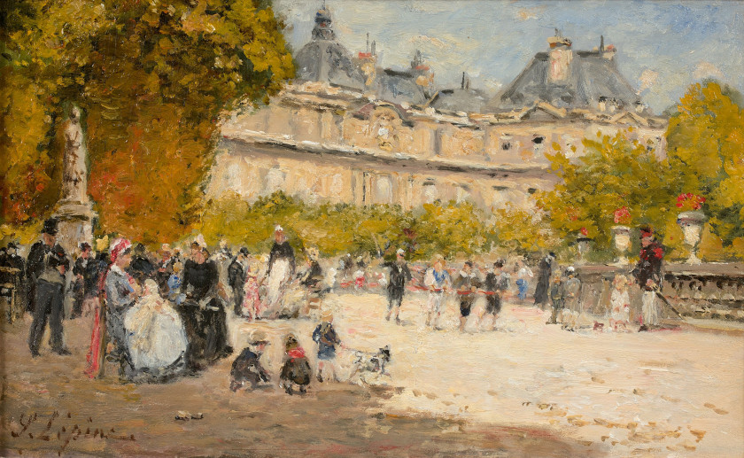 Stanislas LÉPINE Caen, 1835 - Paris, 1892 Le palais et les jardins du Luxembourg Huile sur panneau, parqueté