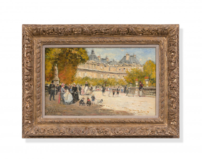 Stanislas LÉPINE Caen, 1835 - Paris, 1892 Le palais et les jardins du Luxembourg Huile sur panneau, parqueté