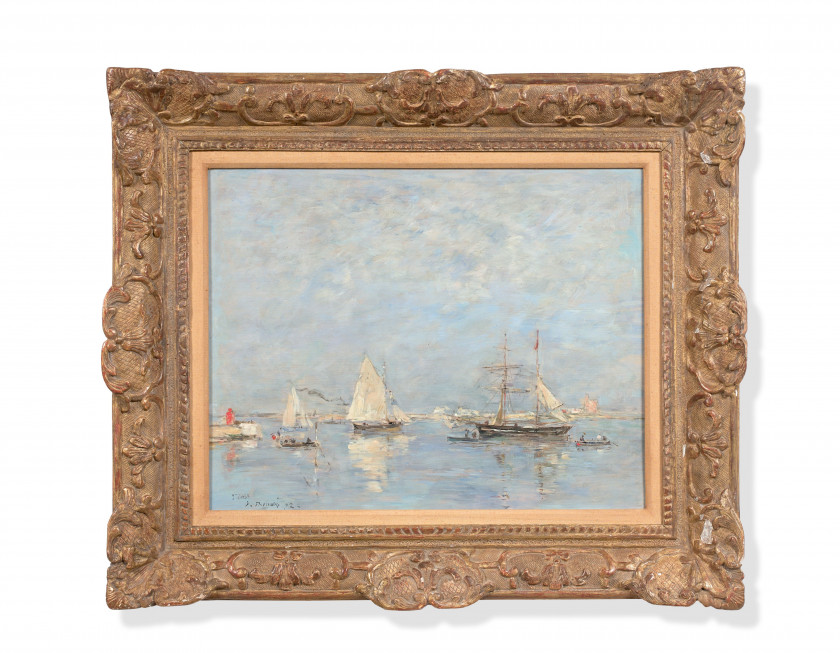 Eugène BOUDIN Honfleur, 1824 - Paris, 1898 Sortie des barques à Saint-Vaast-la-Hougue Huile sur panneau de résineux