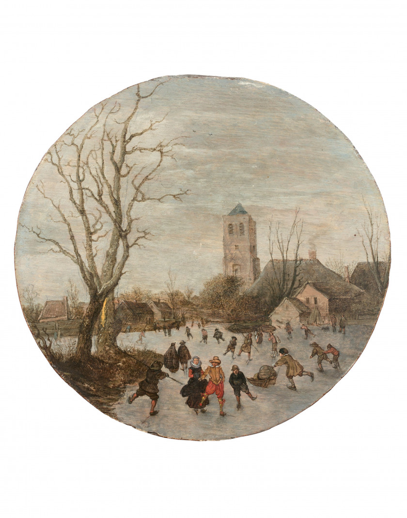 Esaias van den VELDE Amsterdam, 1587 - La Haye, 1630 Patineurs devant un village Huile sur panneau, de forme ronde