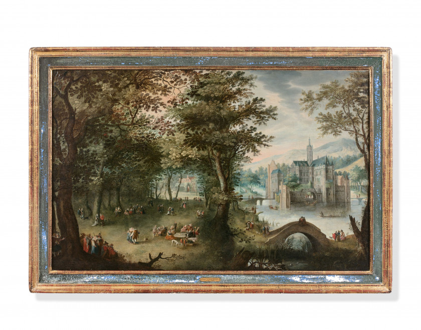 Attribué à Dirk Claeszoon van der HECK Alkmaar, vers 1595 - 1649 Elégante compagnie dans le parc d'un château Huile sur toile