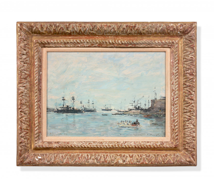 Eugène BOUDIN Honfleur, 1824 - Paris, 1898 L'escadre devant Villefranche Huile sur panneau, parqueté