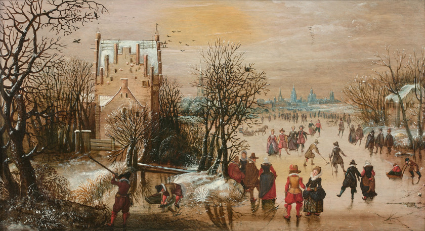 Adam van BREEN Amsterdam, vers 1590 - Norvège, vers 1650 Paysage d'hiver avec patineurs et chasseurs, une ville dans le lointain Hui..